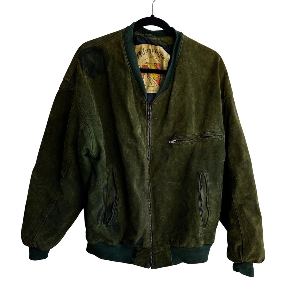 Advantage London Vintage Suede Bomber Jacket Men's Green Zip Up Casual Outerwear